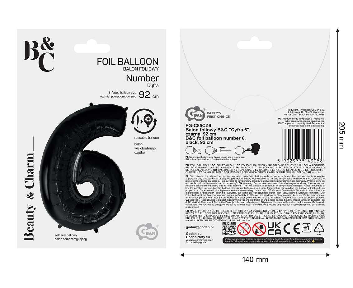 Foil balloon B&C digit 6, black, 92 cm
